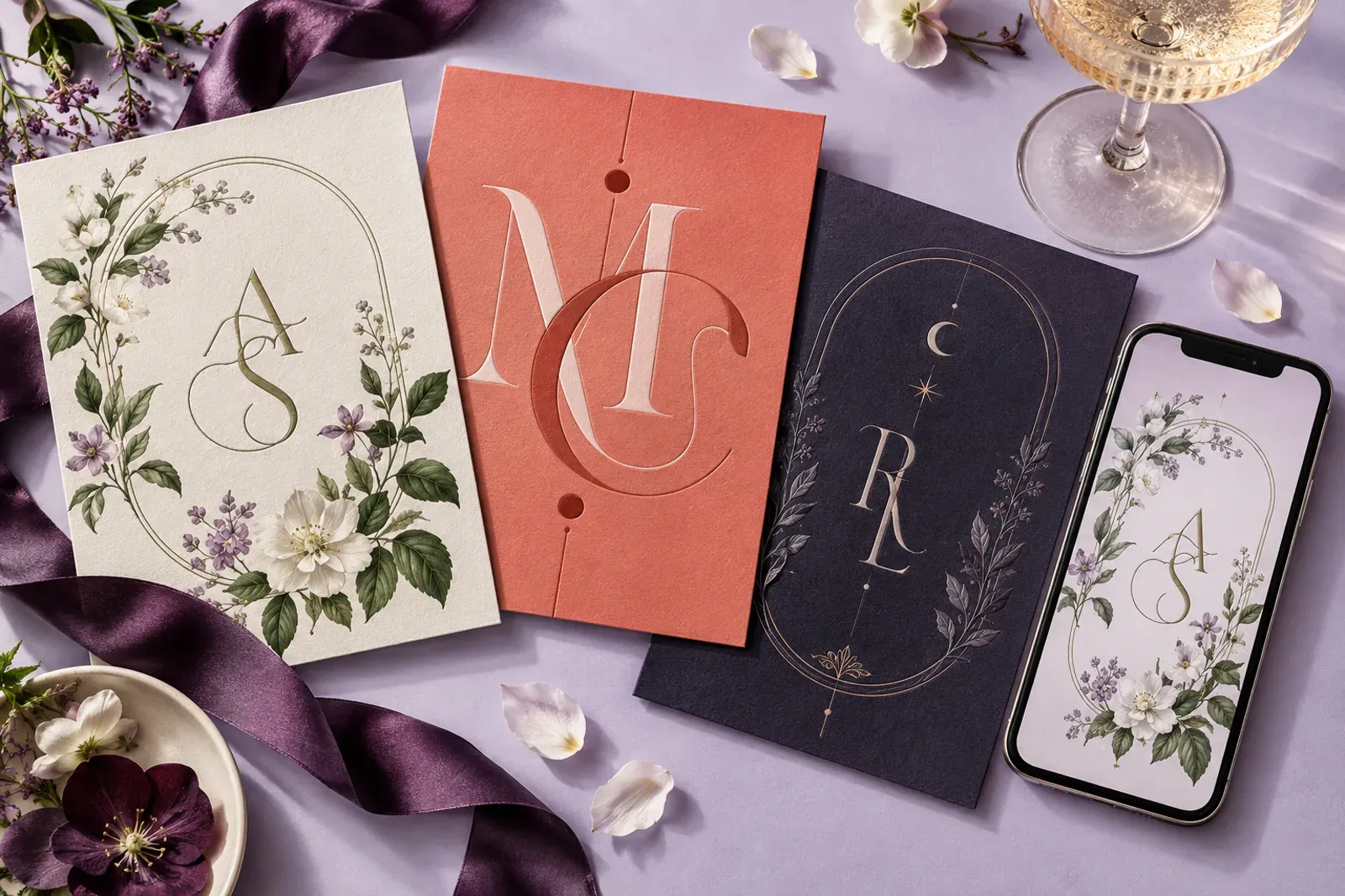 Tres invitaciones con estilos botánico, colorido y nocturno junto a un teléfono